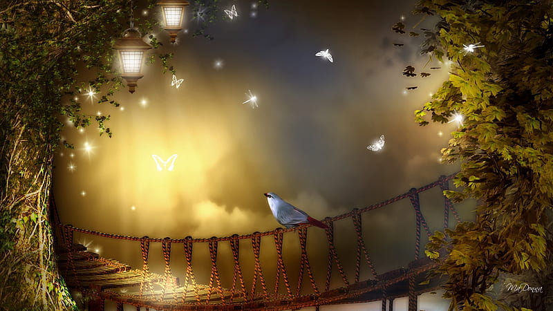 Dragonflies and Bridge, Bridge, Abstract, Bird, Fantasy, Dragonflies, HD wallpaper