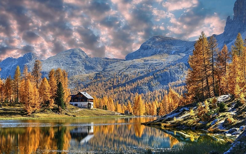 Lake in Dolomites, Italy, mountains, lake, house, autumn, Dolomites, clouds, Italy, HD wallpaper