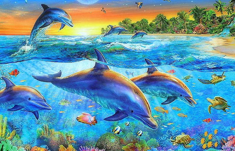 beaches-sea-turtles-attractions-birds-underwater-dolphins-creative-animals-flying-cove-ed-paintings-life-sky-love-do.jpg, Love, Mond, Freunde, Deutschland, Fische, Meer, Delphine, HD wallpaper