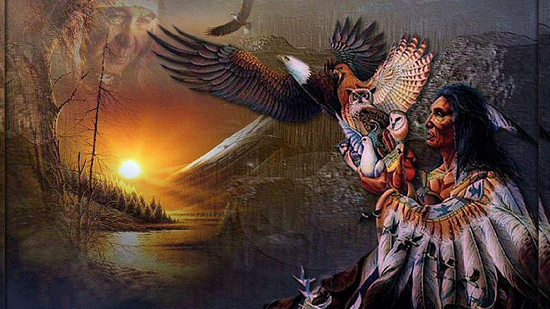 Native American Fantasy, eagles, ghost, raptors, birds, sunset, man, owls, artwork, HD wallpaper