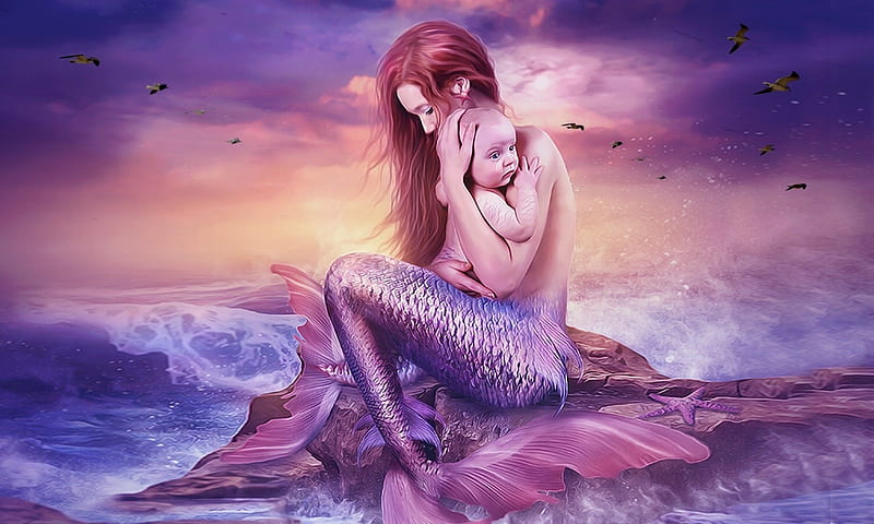 Mermaid With Her Baby, love, ocean, mermaid, digital, bonito, baby, mother,  sea, HD wallpaper | Peakpx