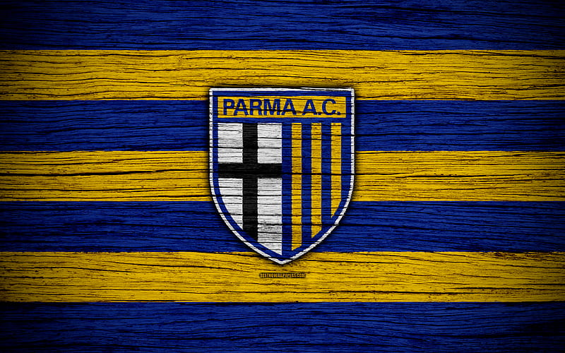 Parma Calcio 1913, Serie B football, wooden texture, blue yellow lines, italian football club, Parma FC, logo, emblem, Parma, Italy, HD wallpaper