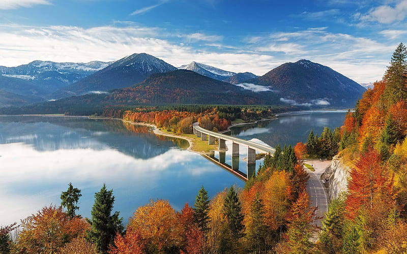 Sylvenstein Lake, bridge, autumn, mountains, Bavaria, Germany, HD wallpaper