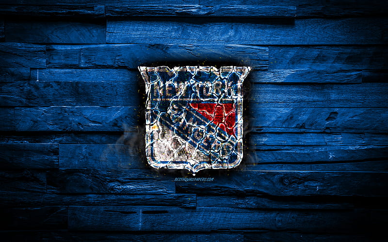 New York Rangers, fiery logo, NHL, blue wooden background, american hockey team, grunge, Eastern Conference, NY Rangers, hockey, New York Rangers logo, fire texture, USA, HD wallpaper
