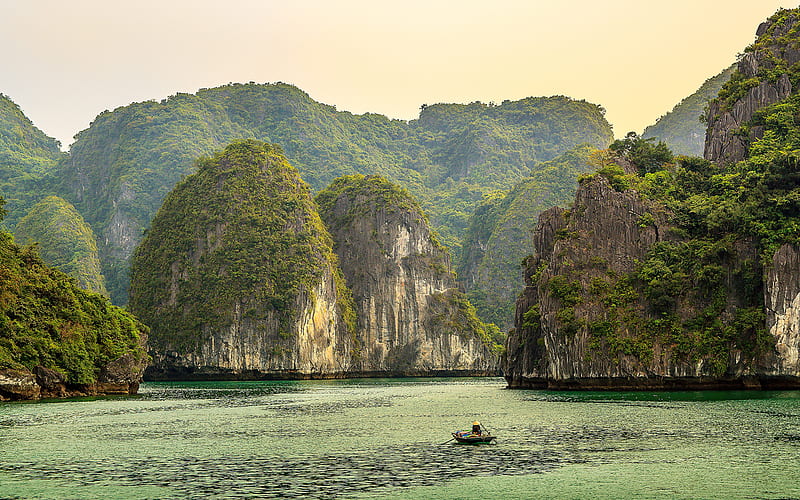 Vietnam, sea, mountains, rocks, boat, Asia, HD wallpaper