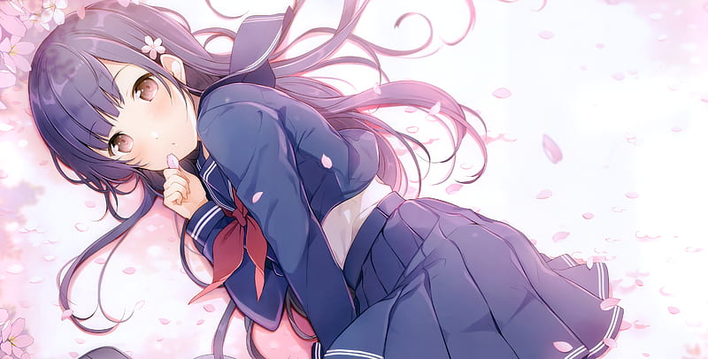 anime school girl, lying down, uniform, bag, sakura blossom, Anime, HD wallpaper
