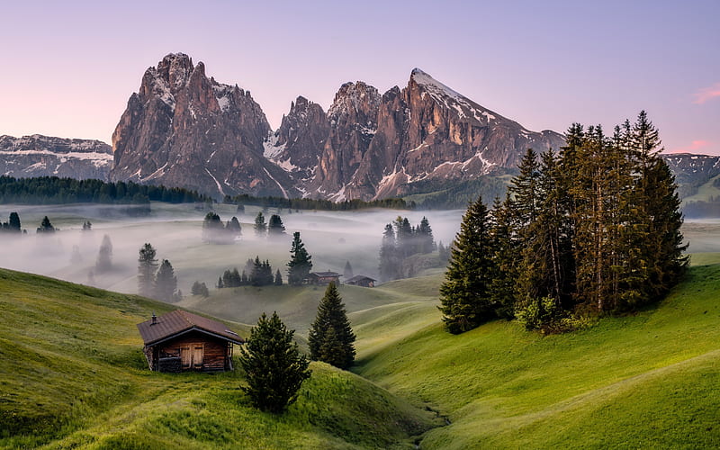 Dolomite Alps, morning, sunrise, fog, mountain landscape, green fields, rocks, Alps, Italy, HD wallpaper