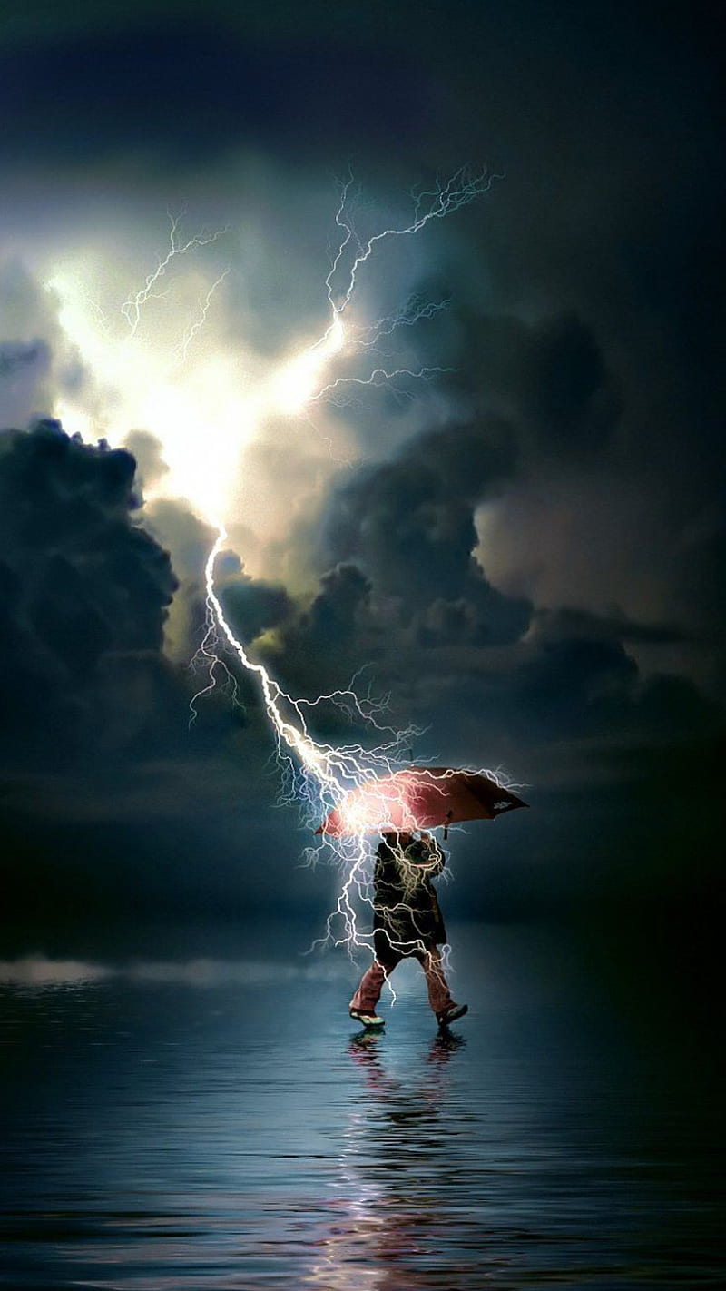 No fear, clouds, lighting, lightning, man, nature, storm, thunder, umbrella, walking, HD phone wallpaper