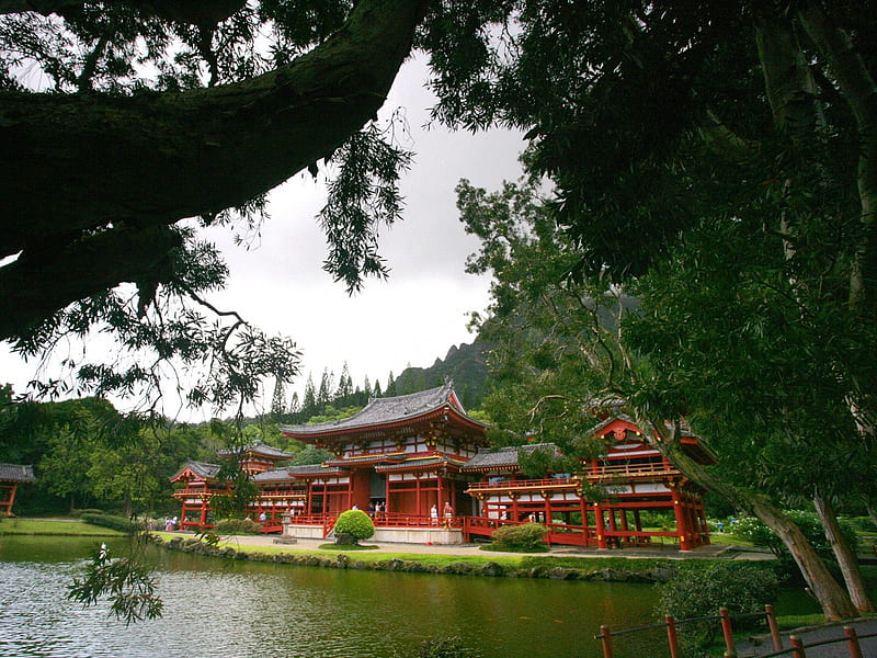 Templo Japones em Oahu Hawaii, arquitera, arvores, bonito, lago, hawaii, templo, HD wallpaper