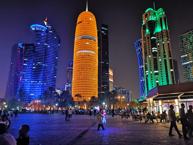 Doha by Night, city, doha, light, night, peoples, towers, west bay, HD wallpaper