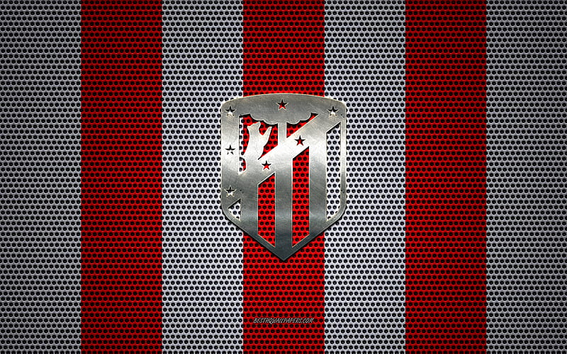 Atletico Madrid logo, Spanish football club, metal emblem, red white metal mesh background, Atletico Madrid, La Liga, Madrid, Spain, football, HD wallpaper