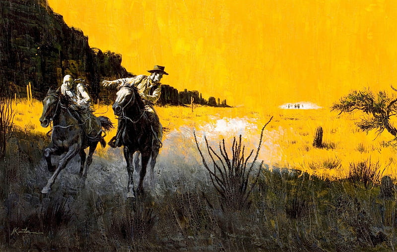 Making a Getaway under the Golden Sky, Outlaws, Painting, Cowboys, Being Chased, Bridle, Art, Horses, Hats, Saddle, Mountains, Riding, Prarie, Cactus, HD wallpaper