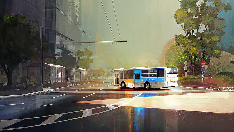 Yokohama Bus, bus, artist, artwork, digital-art, artstation, HD wallpaper
