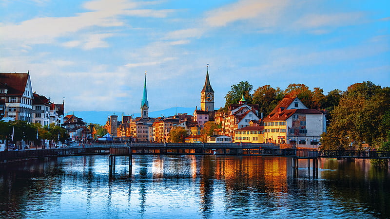 Zurich Switzerland Bridges river Evening Houses, HD wallpaper