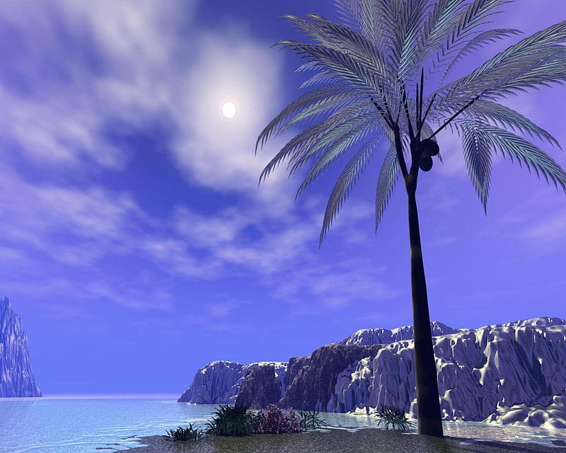 Fantasy Blu. jpg, rocks, water, sky clouds, plamtree, island, HD wallpaper