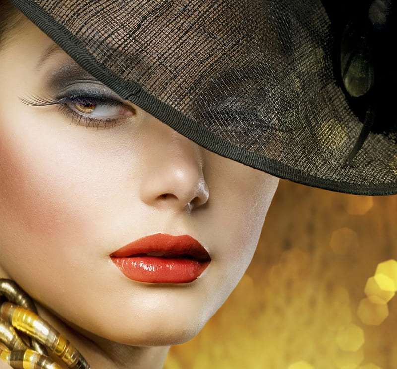 :), eyeshadow, black hat, nice face, make up, gorgeous face, gold background, beauty, face, fashion, red lips, HD wallpaper
