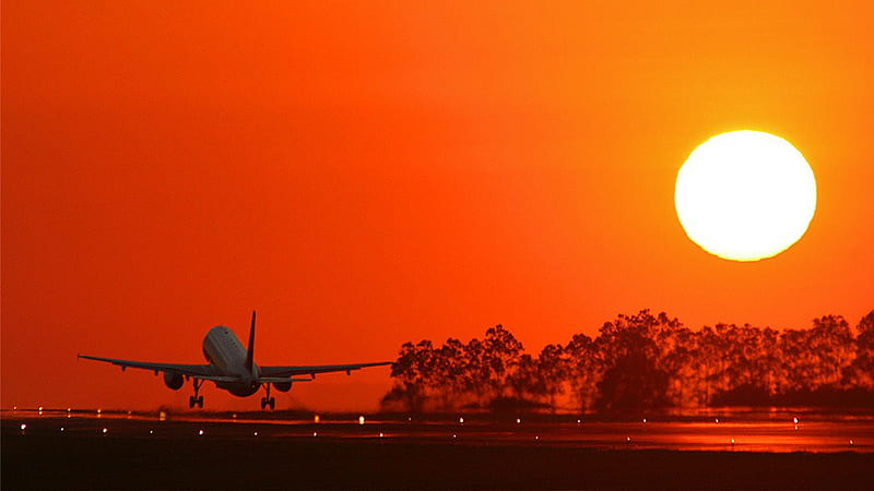 Sunset Departure, red, aircraft, commercial, departure, sunset, jet, sky, HD wallpaper