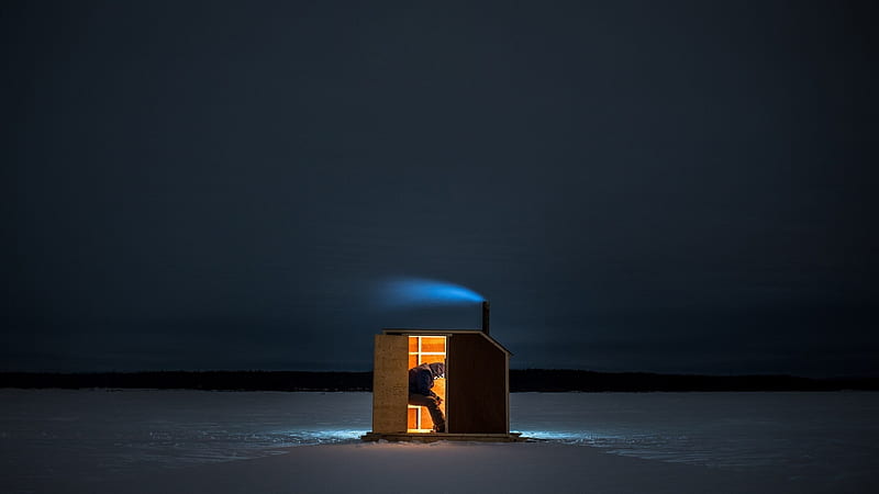 ice fishing, hut, man, smoke, frozen, lake, night, light, HD wallpaper