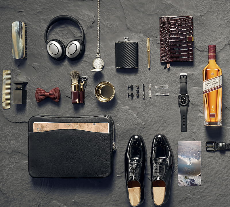Gentleman, bag, johnnie walker, shoes, watch, whisky, HD wallpaper