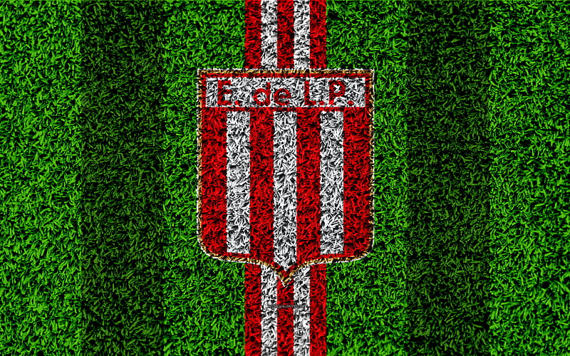 Estudiantes de La Plata football lawn, logo, Argentinian football club, grass texture, red white lines, Superliga, La Plata, Argentina, football, Argentine Primera Division, Superleague, HD wallpaper
