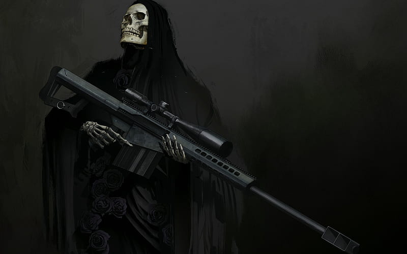 death with a sniper rifle, art, fantasy, mystical creature, black roses, black cloak, skull, HD wallpaper