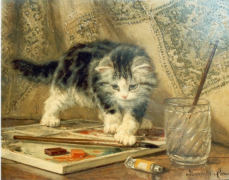 Little painter, art, henriette ronner knip, painting, kitten, cat, pisica, HD wallpaper