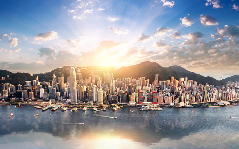 Hong Kong, cityscapes, bright sun, modern buildings, chinese cities, sunset, Asia, China, HD wallpaper