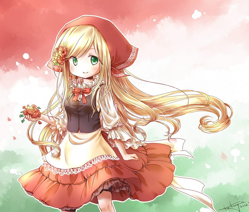 Hungary, pretty, dress, blond, adorable, floral, sweet, hingary, nice, anime, anime girl, hetalia, long hair, female, lovely, axis powers, gown, blonde, blonde hair, blond hair, cute, kawaii, girl, flower, hetalia axis powers, petals, HD wallpaper
