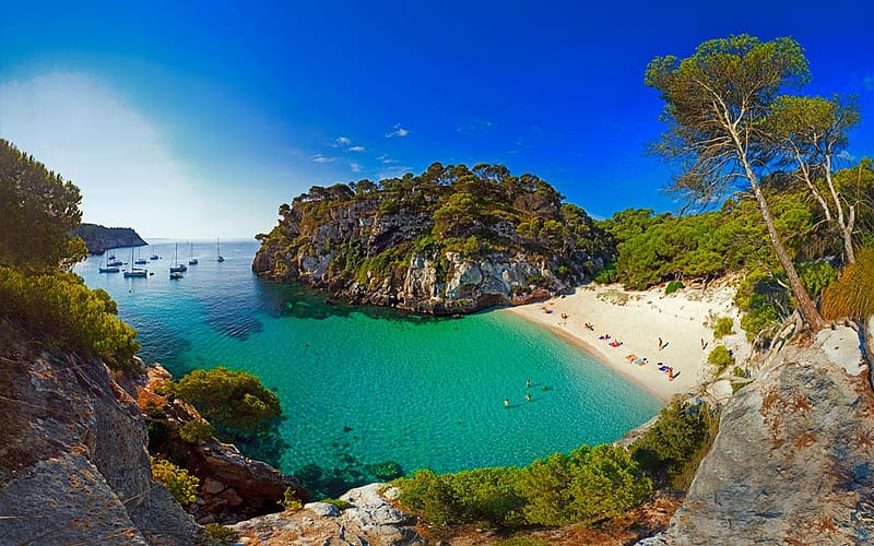 Beach, Tree, Ocean, Cliff, Boat, Yacht, Spain, , Menorca, HD wallpaper