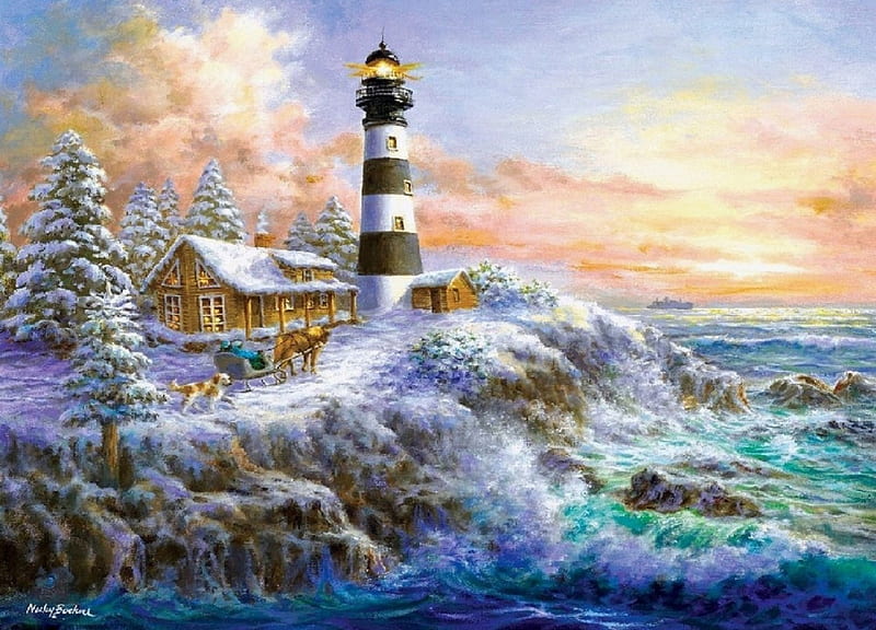 Greatness of Christmas, pretty, Christmas, oceans, christmas tree, holidays, lovely, New Year, horse sleigh, colors, love four seasons, bonito, xmas and new year, winter, paintings, snow, lighthouses, HD wallpaper