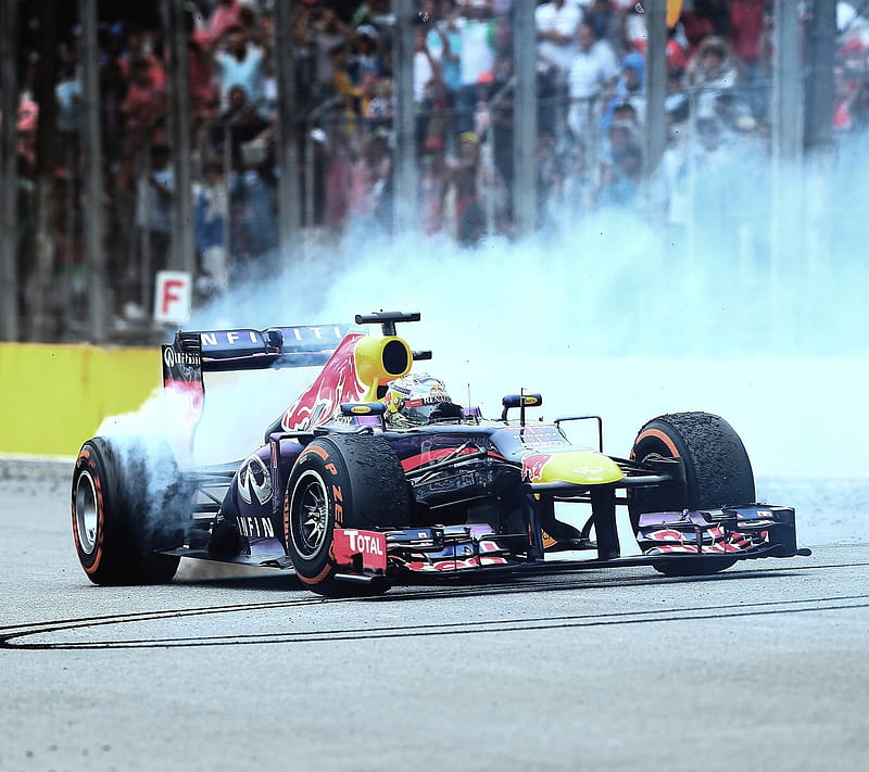 Vettel Burnout, champion, f1, racing, red bull, smoke, HD wallpaper