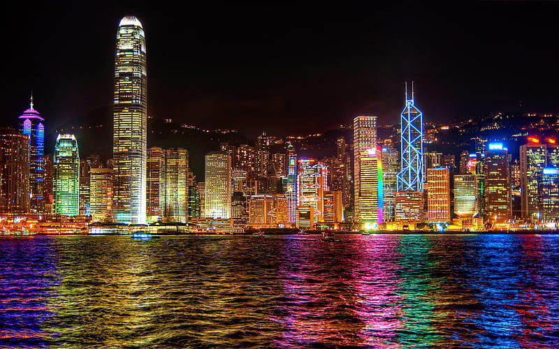 Hong Kong, China, skyscrapers, city lights, night, HD wallpaper