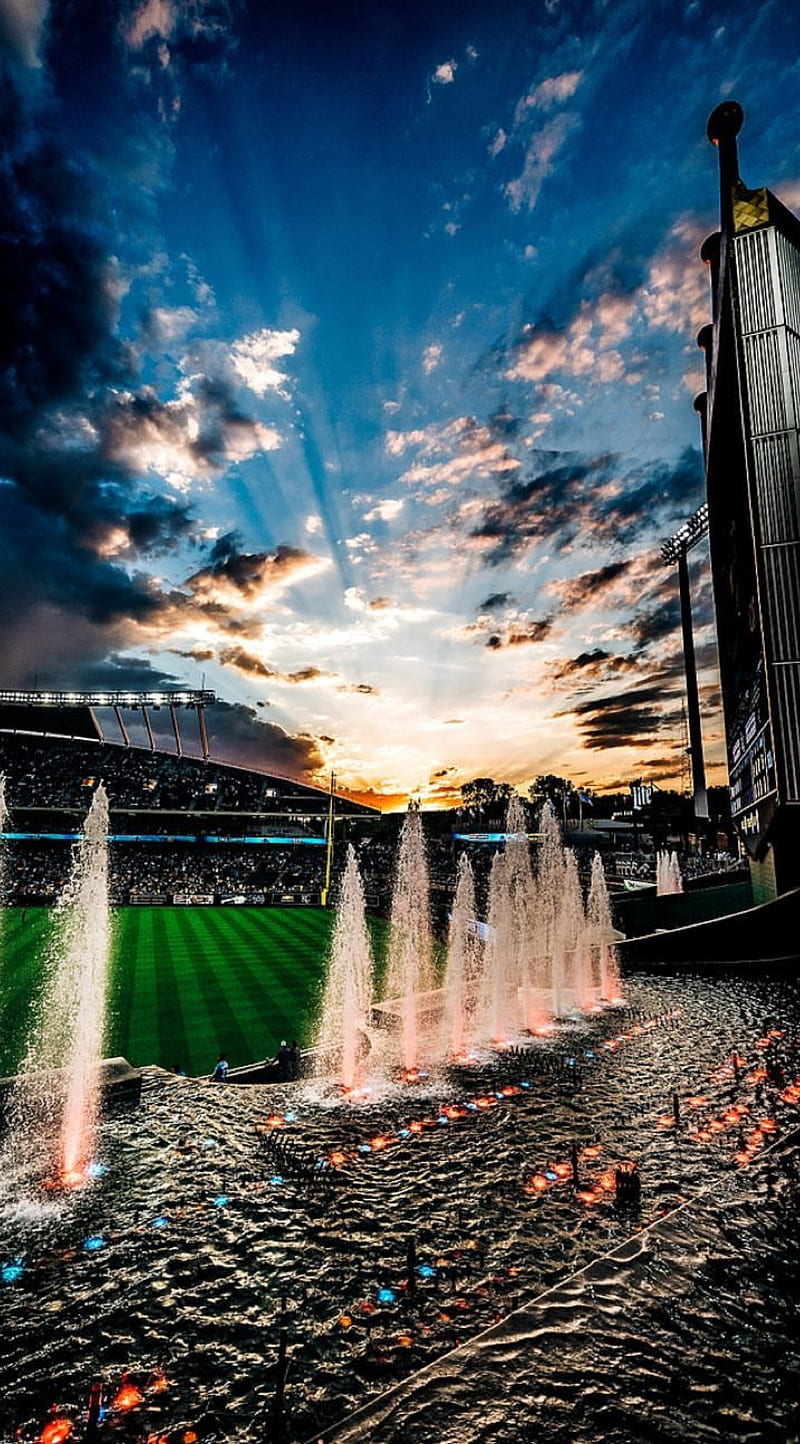 Royals Stadium, baseball, cool, fall, fall nature, fountains, mlb, sun, sunset, waterfall, HD phone wallpaper