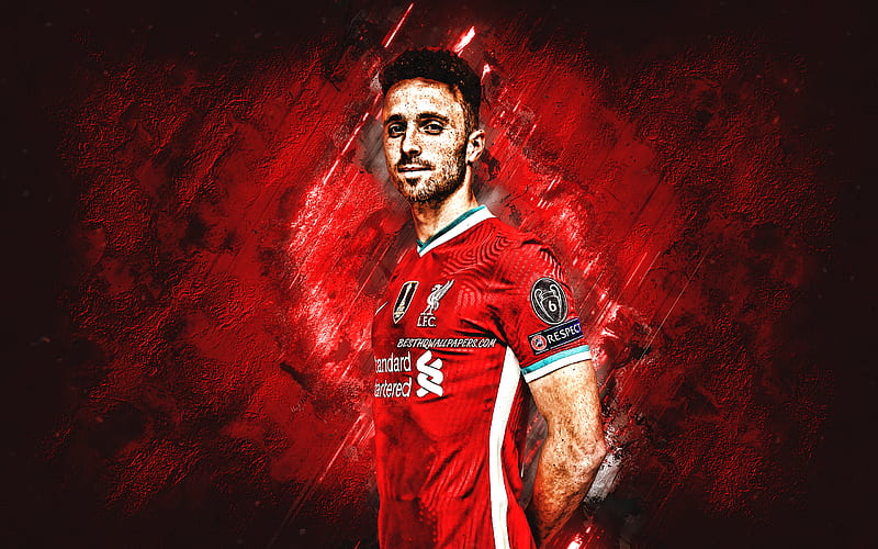 Diogo Jota, Liverpool FC, portuguese footballer, midfielder, portrait, red stone background, Premier League, HD wallpaper