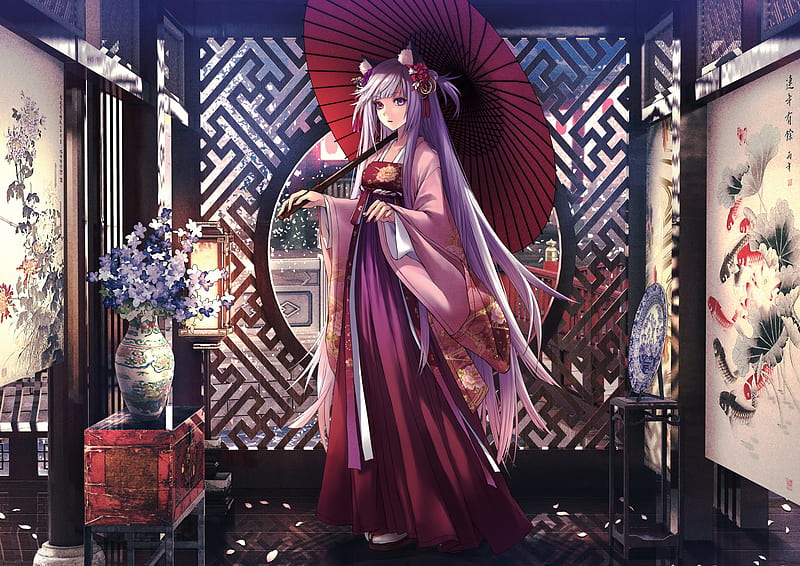 pretty anime girl, traditional dress, umbrella, indoors, animal ears, Anime, HD wallpaper