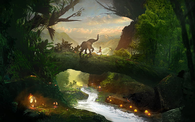 Jungle Book Art Fantasy Boy Luminos Elephant Mowgli Hd Wallpaper Peakpx