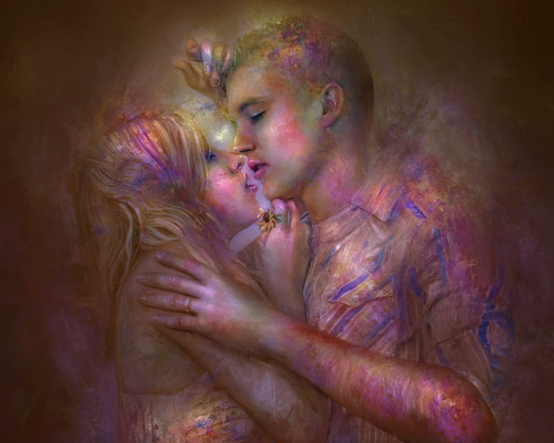 Before the kiss, art, luminos, man, valentine, fantasy, girl, pink, couple, HD wallpaper