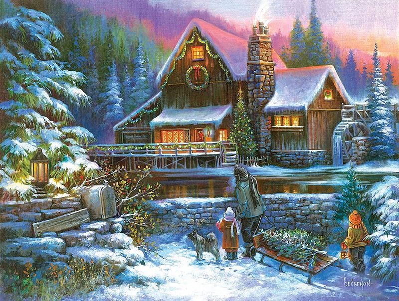 A Family Tradition, christmas tree, watermill, cottage, snow, painting,  sunset, HD wallpaper | Peakpx