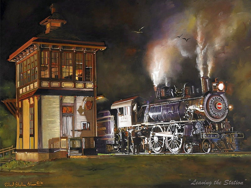 Leaving the Railway Station, painting, locomotive, steam, Signal Tower, HD wallpaper