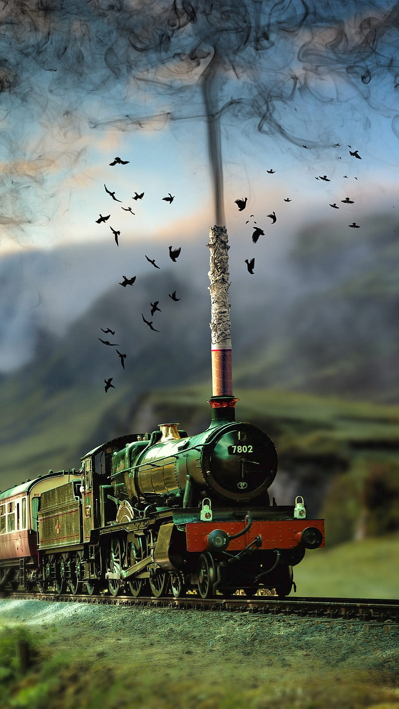 smokey train, abstract, birds, cigarette, fog, green, nature, smoke, surreal, surrealism, HD phone wallpaper