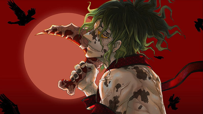 Demon Slayer Scary Gyutaro With Background Of Red And Moon And Flying Birds Anime, HD wallpaper