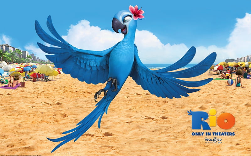 Rio (2011), poster, wings, movie, parrot, macaw, beach, girl, summer, blue, rio, HD wallpaper