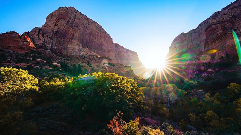 Kolob Canyon, Zion National Park, Utah, autumn, landscape, trees, sky, sun, rocks, mountains, usa, HD wallpaper