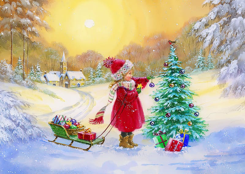 Winter holiday, winter, fun, art, girl, beautiful, tree, sunrise, sleigh, holiday, painting, snow, christmas, kid, joy, child, village, presents, HD wallpaper