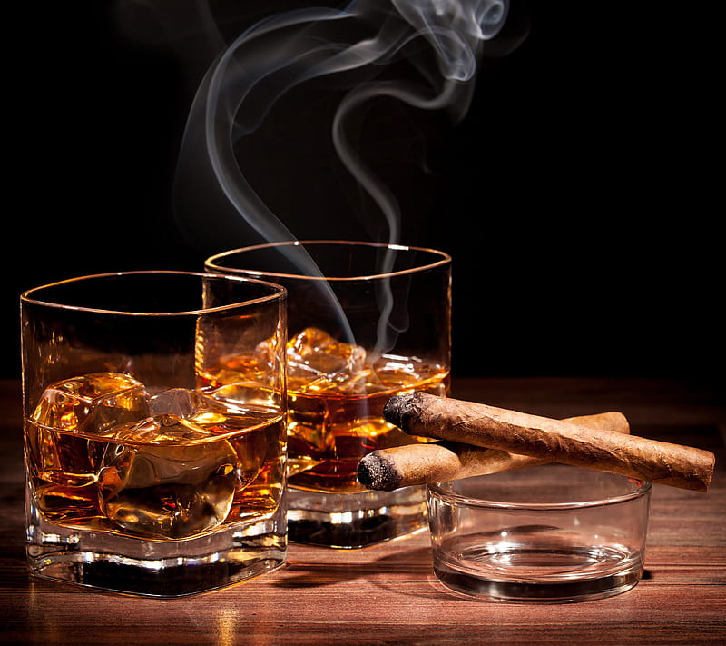 Whiskey, alcohol, cigar, cognac, drink, ice, relax, smoke, HD wallpaper
