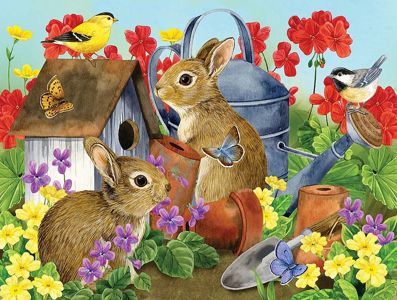 Rabbits in the Flower Garden, wild, three, rabbits, garden, flowers, puzzle, HD wallpaper