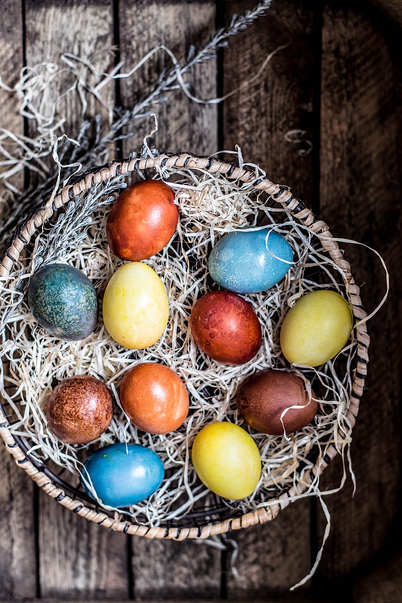 eggs, basket, easter, colored, colorful, holiday, HD phone wallpaper
