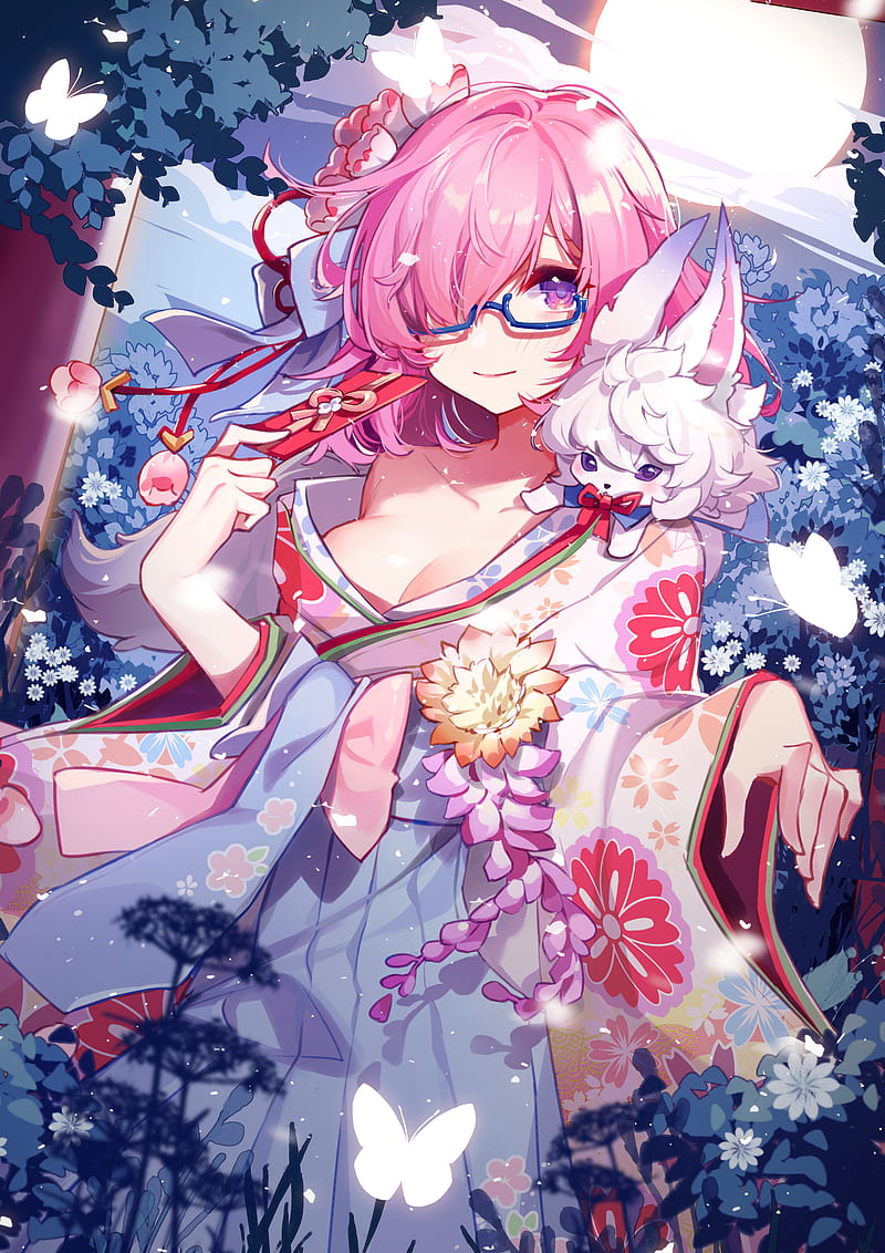 Fate Series, Fate/Grand Order, Mash Kyrielight, FGO, anime girls, Ai Xiao Meng, pink hair, purple eyes, glasses, Japanese clothes, HD phone wallpaper