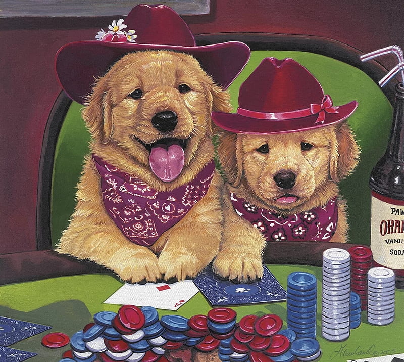 Poker puppies, red, art, paw, caine, hat, card, animal, cute, green, poker, painting, jenny newland, pictura, puppy, dog, HD wallpaper