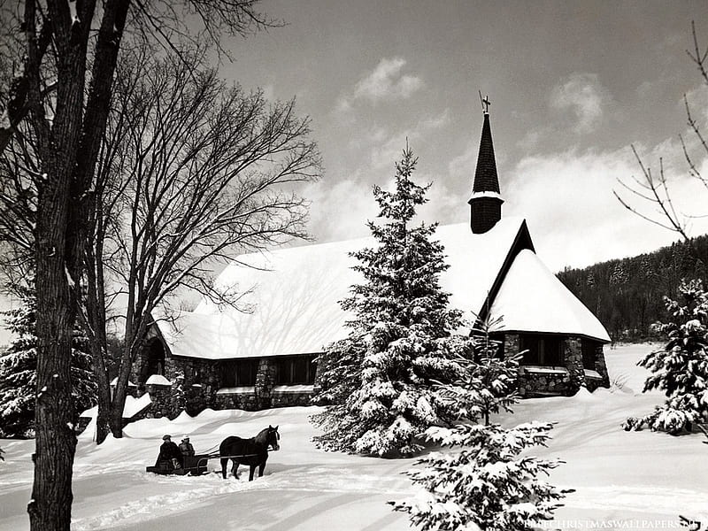 An Old Fashioned Christmas, sleigh, christmas, snow, church, horse, HD wallpaper